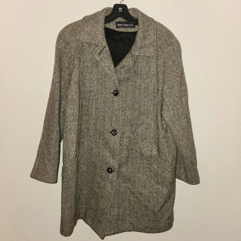 Winter Time by HERMAN KAY Wool Jacket Coat Overcoat Button Herringbone Size 16W